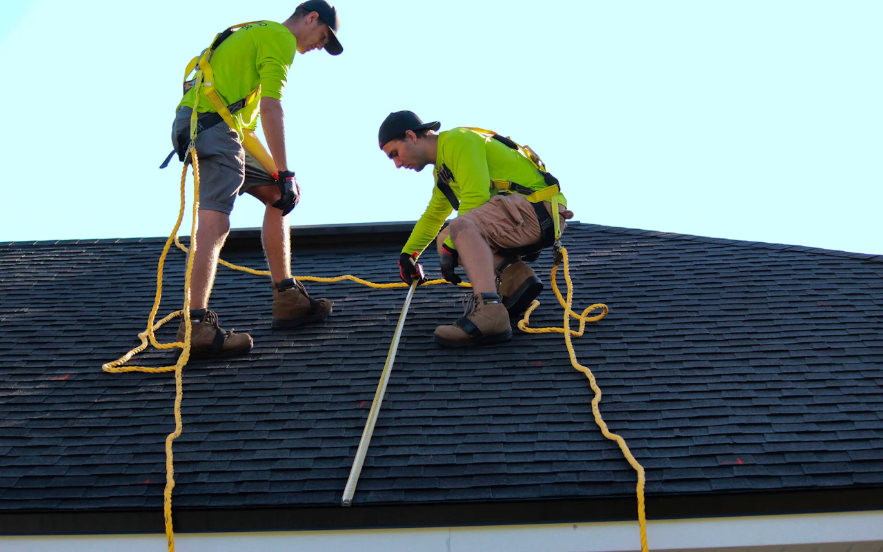 Two roofers in high-visibility shirts working a shingled slope, safety ropes running up to the ridge.