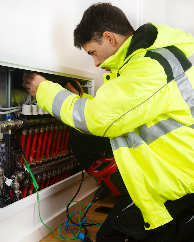A technician in a high-visibility jacket reaching into an open heating manifold cabinet, actuator heads and coloured pipework visible.